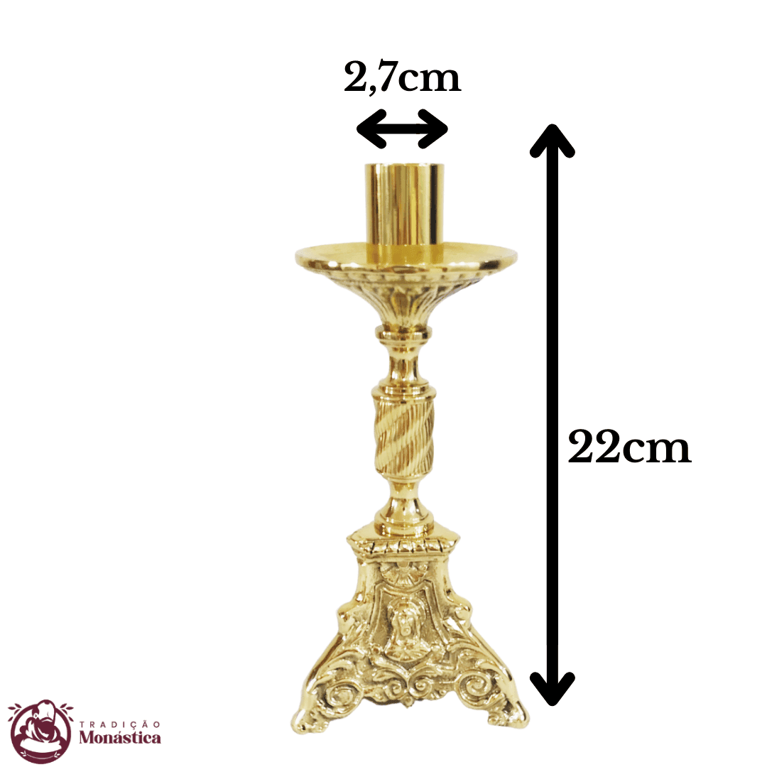 Conjunto de Castiçal de Vela e Cruz para Altar - Base JMJ Pequeno - 3pçs Bronze - 5