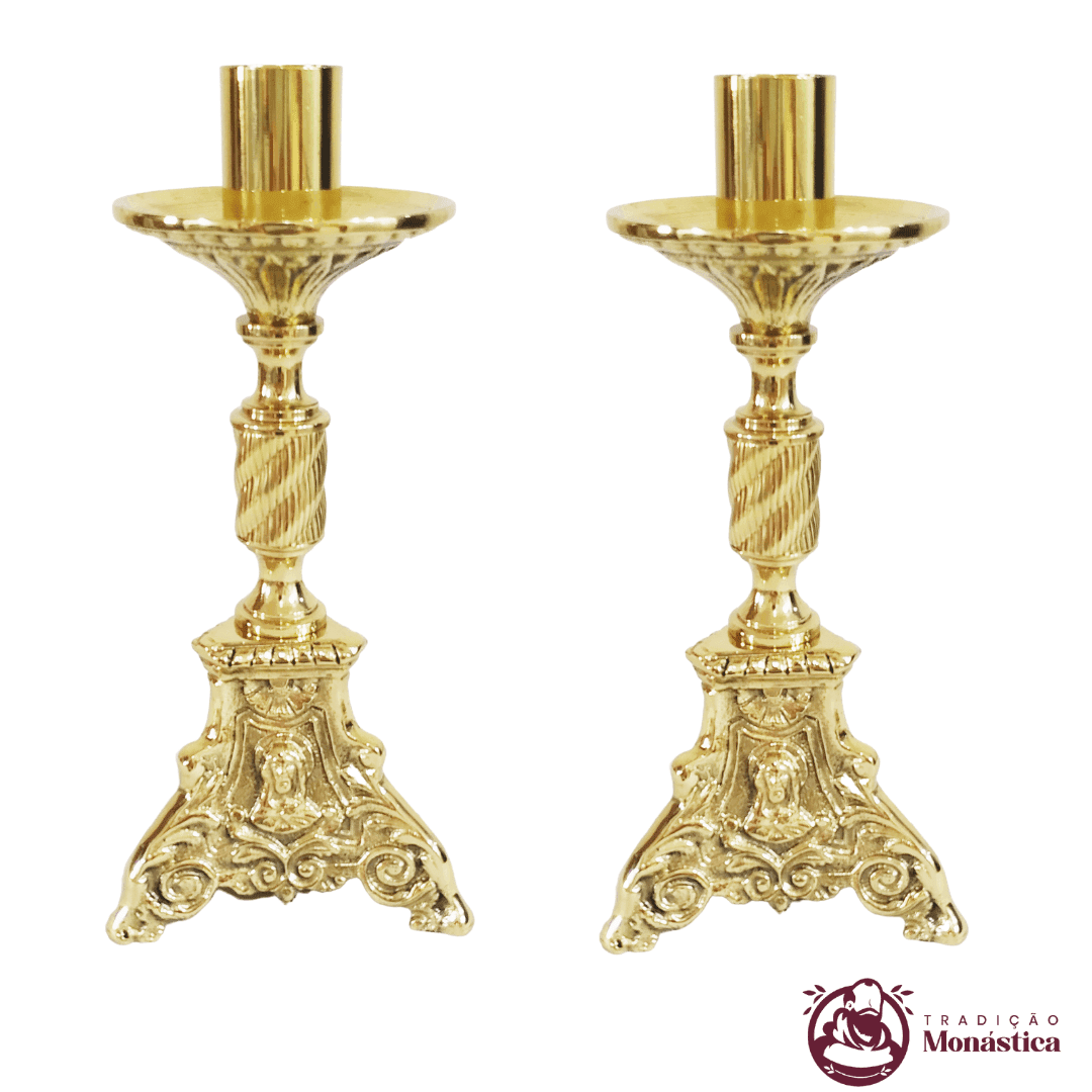 Conjunto de Castiçal de Vela e Cruz para Altar - Base JMJ Pequeno - 3pçs Bronze - 2