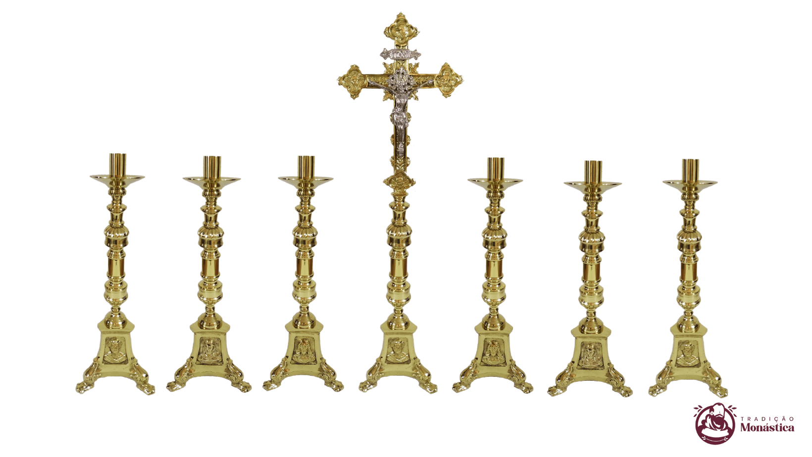 Conjunto de Castiçal de Vela e Cruz para Altar - Base JMJ Grande - Bronze - 1