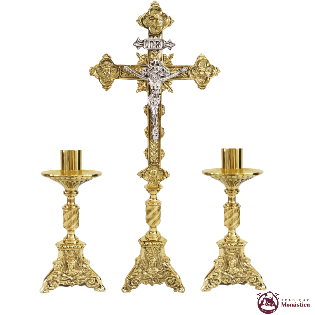 Conjunto de Castiçal de Vela e Cruz para Altar - Base JMJ Pequeno - 3pçs Bronze - 1