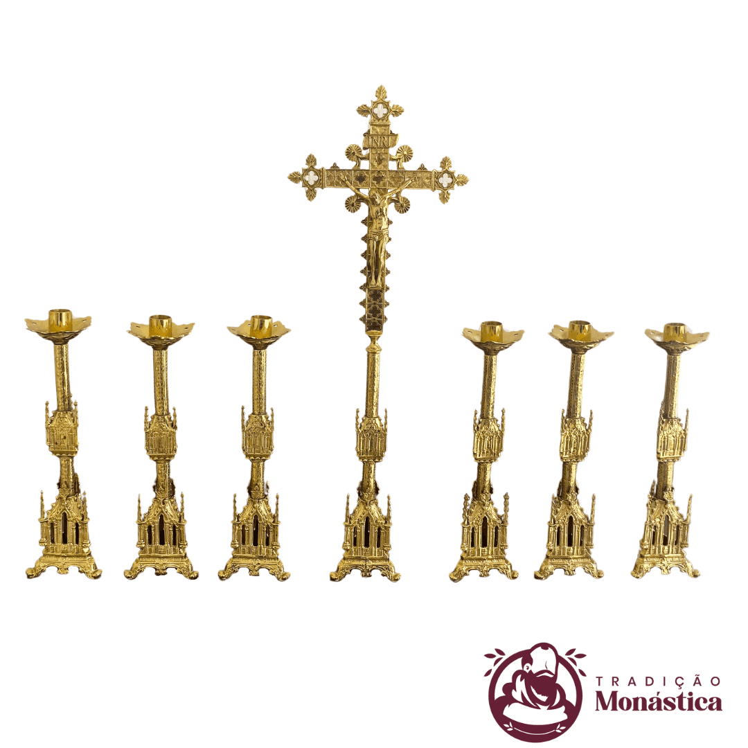 Conjunto de Castiçal de Vela e Cruz para Altar - Gótico Pequeno - Bronze - 1