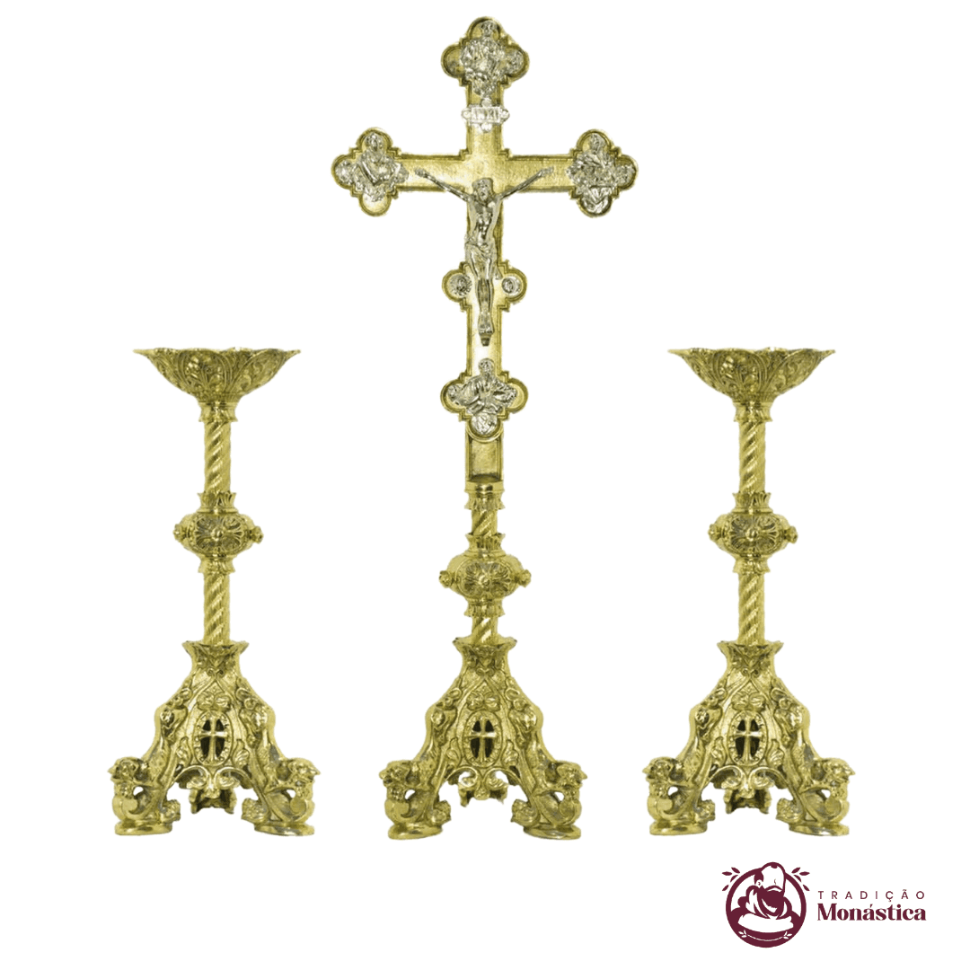 Conjunto de Castiçal de Vela e Cruz para Altar - 3pçs Bronze - 1
