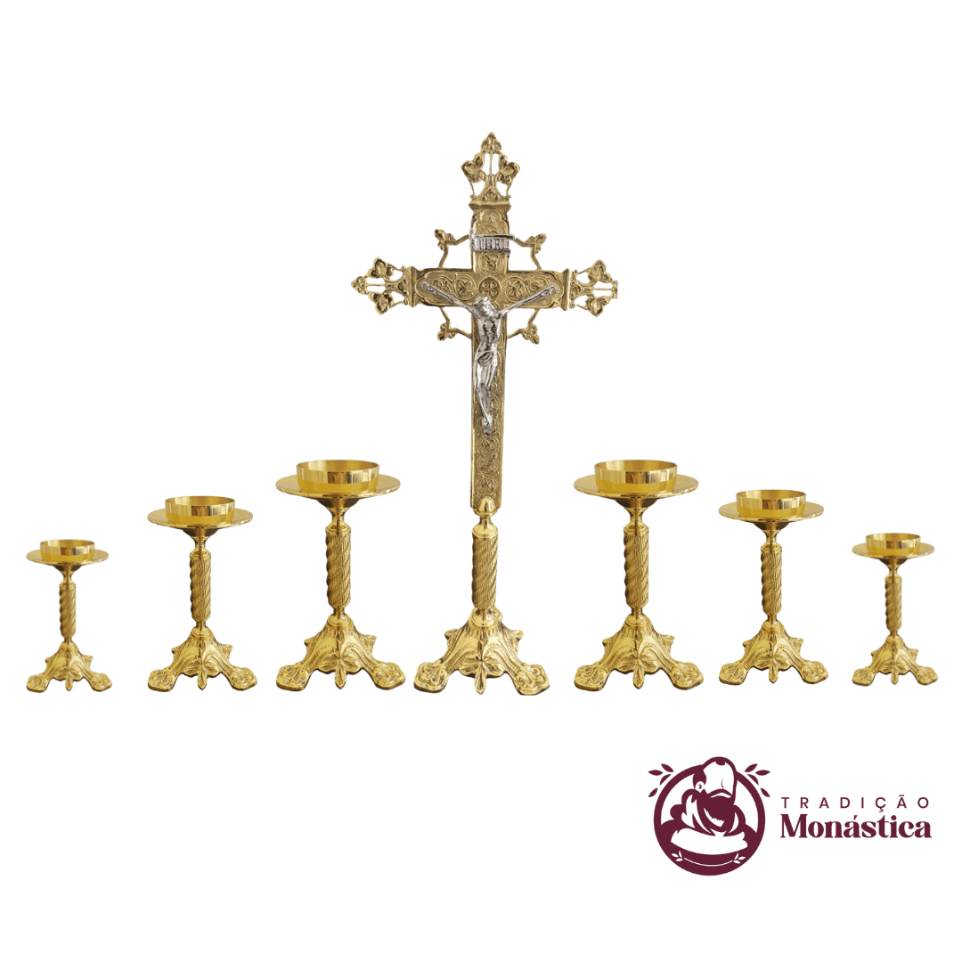 Conjunto de Castiçal de Vela e Cruz para Altar - Escadinha - Bronze - 1
