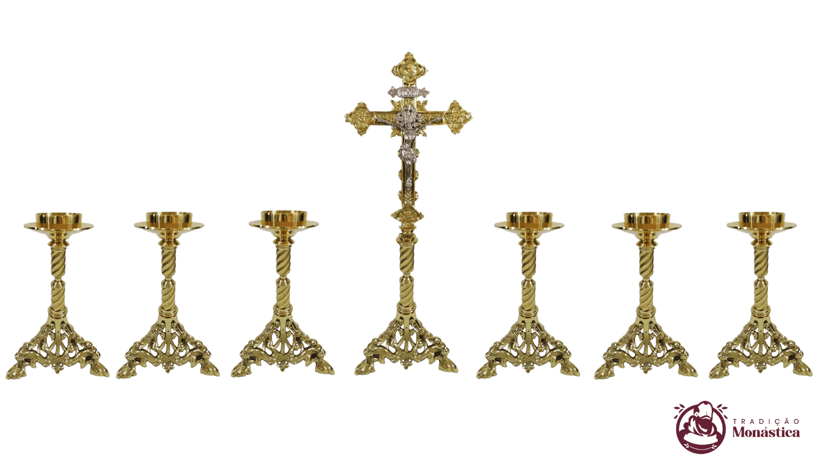 Conjunto de Castiçal de Vela e Cruz para Altar - Pé Leão - Bronze - 1