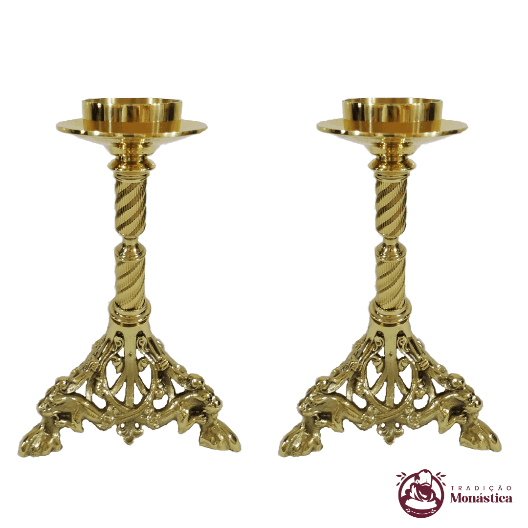 Conjunto de Castiçal de Vela e Cruz para Altar - Pé Leão - Bronze - 3