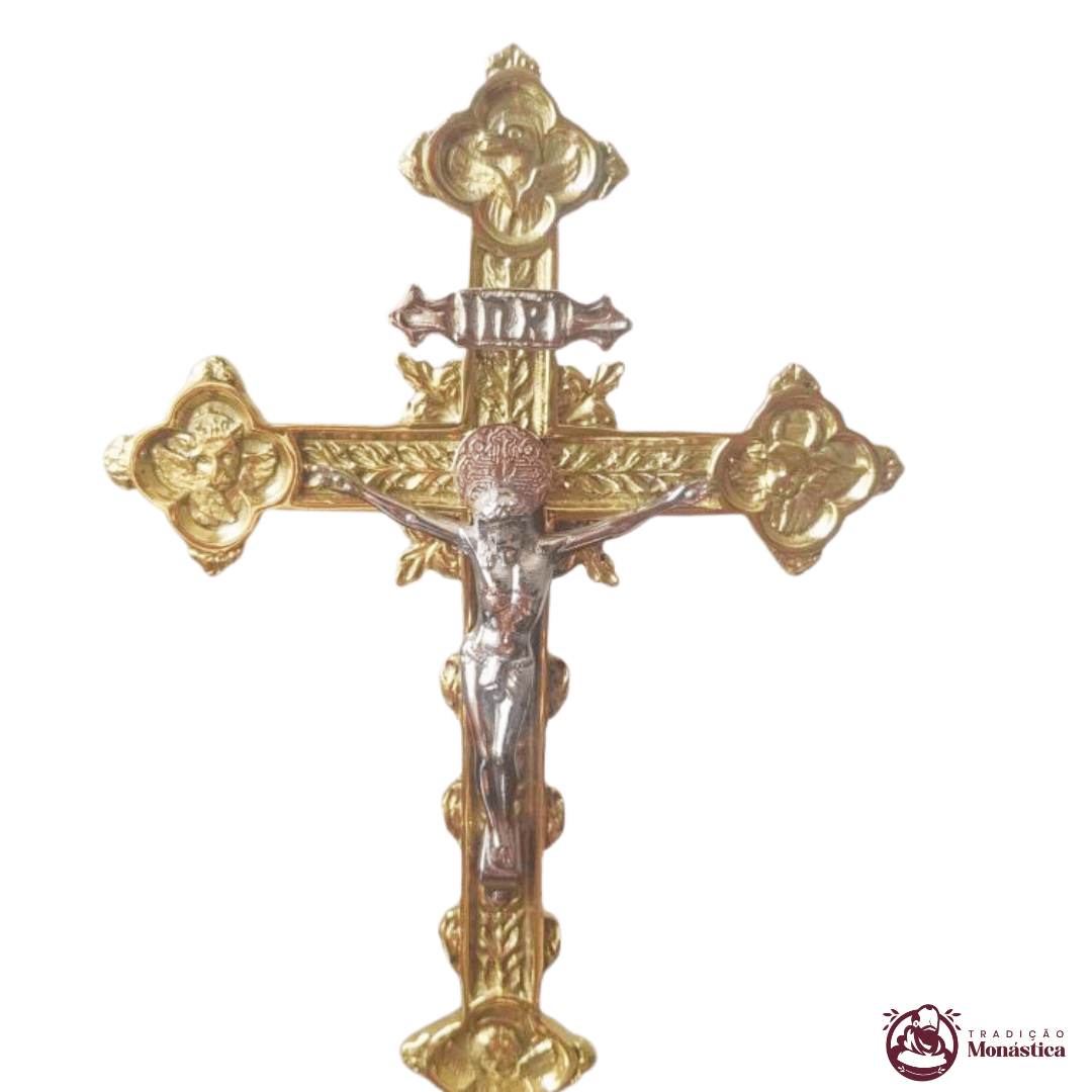 Conjunto de Castiçal de Vela e Cruz para Altar - Base JMJ Pequeno - 3pçs Bronze - 3
