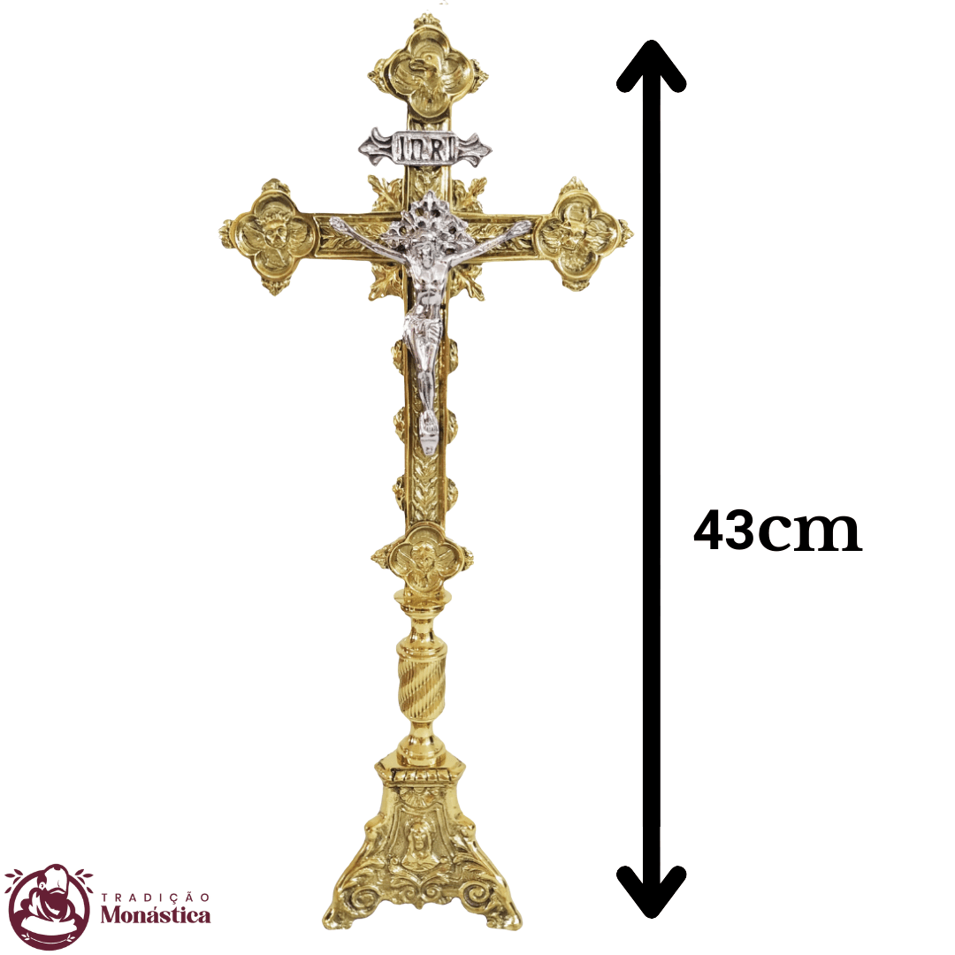 Conjunto de Castiçal de Vela e Cruz para Altar - Base JMJ Pequeno - 3pçs Bronze - 6