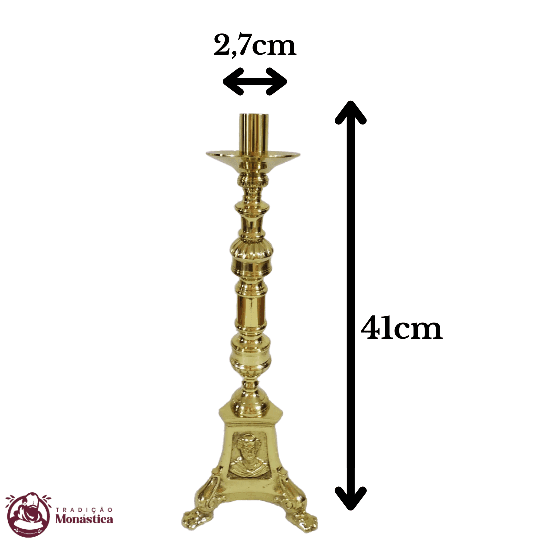Conjunto de Castiçal de Vela e Cruz para Altar - Base JMJ Grande - 3pçs Bronze - 3