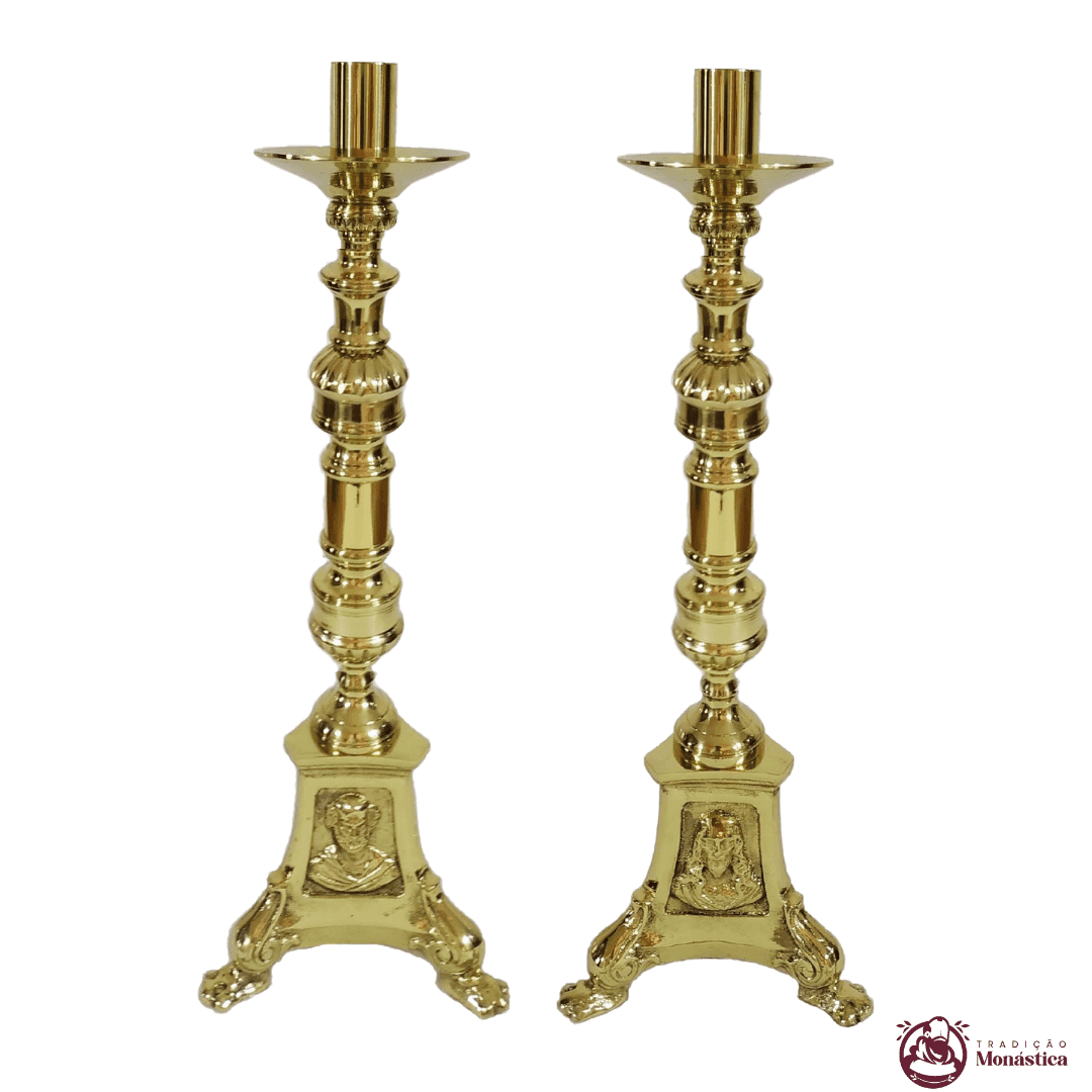 Conjunto de Castiçal de Vela e Cruz para Altar - Base JMJ Grande - 3pçs Bronze - 2
