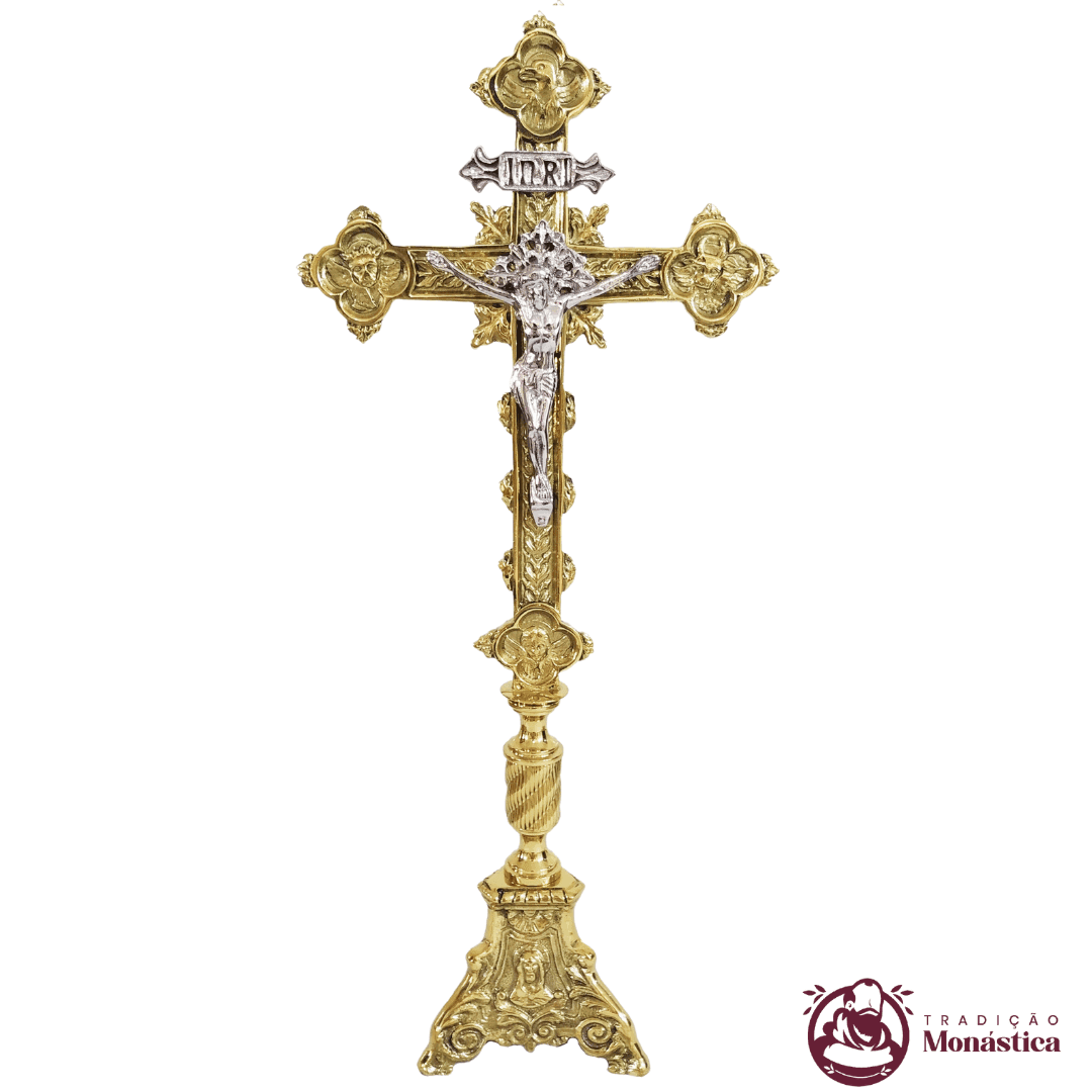 Conjunto de Castiçal de Vela e Cruz para Altar - Base JMJ Pequeno - 7pçs Bronze - 5