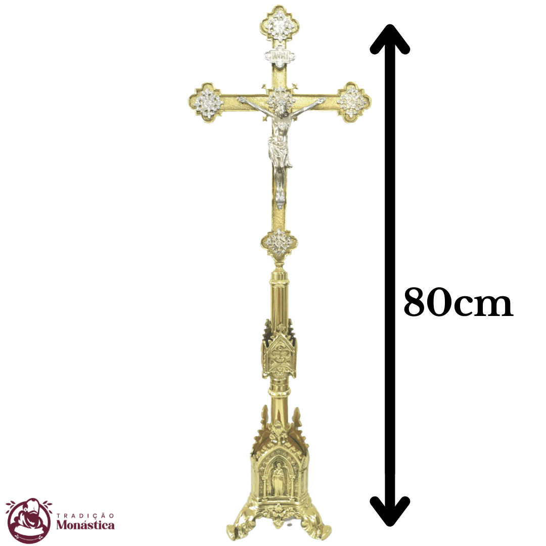 Conjunto de Castiçal de Vela e Cruz para Altar - Gótico - 7pçs Bronze - 5