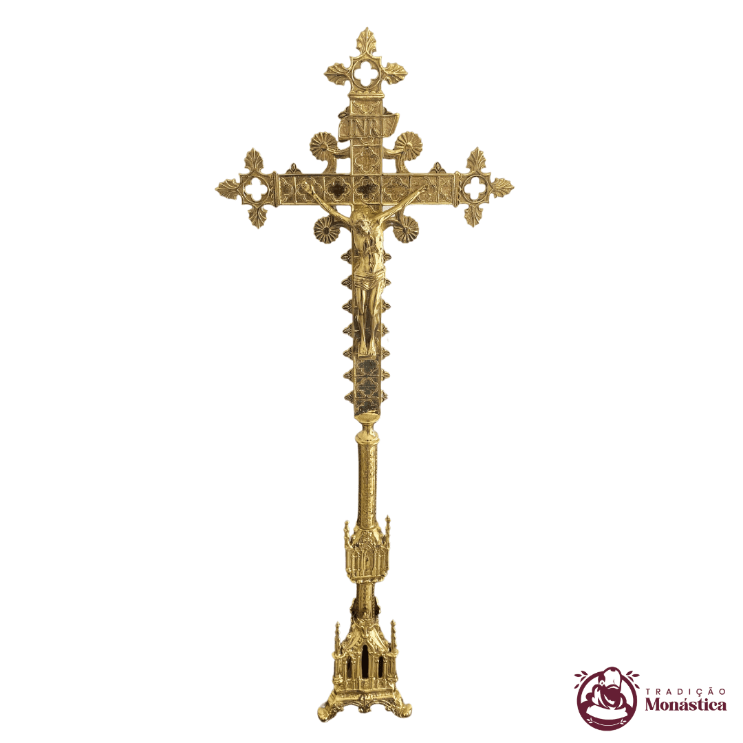 Conjunto de Castiçal de Vela e Cruz para Altar - Gótico Pequeno - 7pçs Bronze - 4