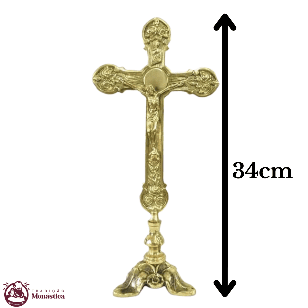 Conjunto Pequeno de Castiçal de Vela e Cruz para Altar - 7pçs Bronze - 6