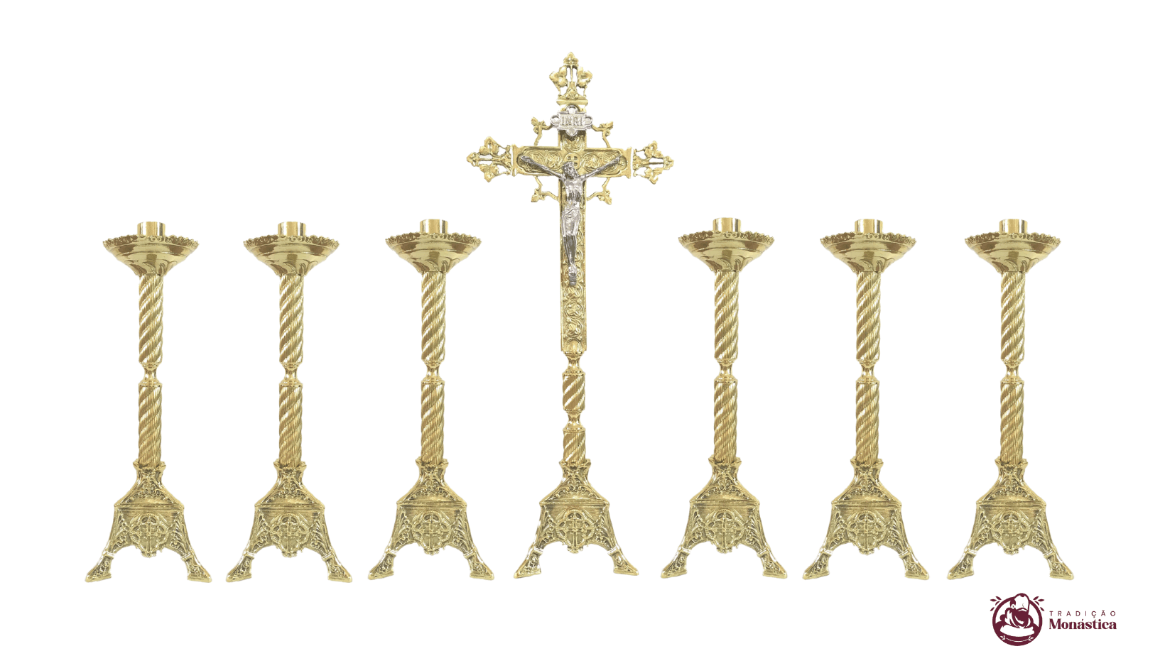 Conjunto de Castiçal Médio de Vela e Cruz para Altar - 7pçs Bronze - 1