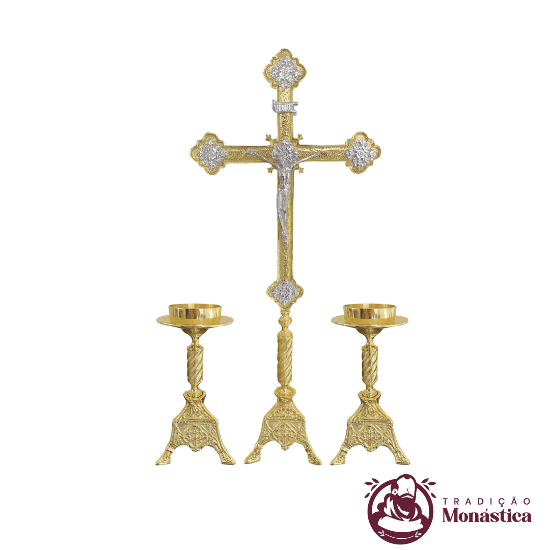 Conjunto de Castiçal de Vela e Cruz para Altar - Exclusivo - 7pçs Bronze  - 2