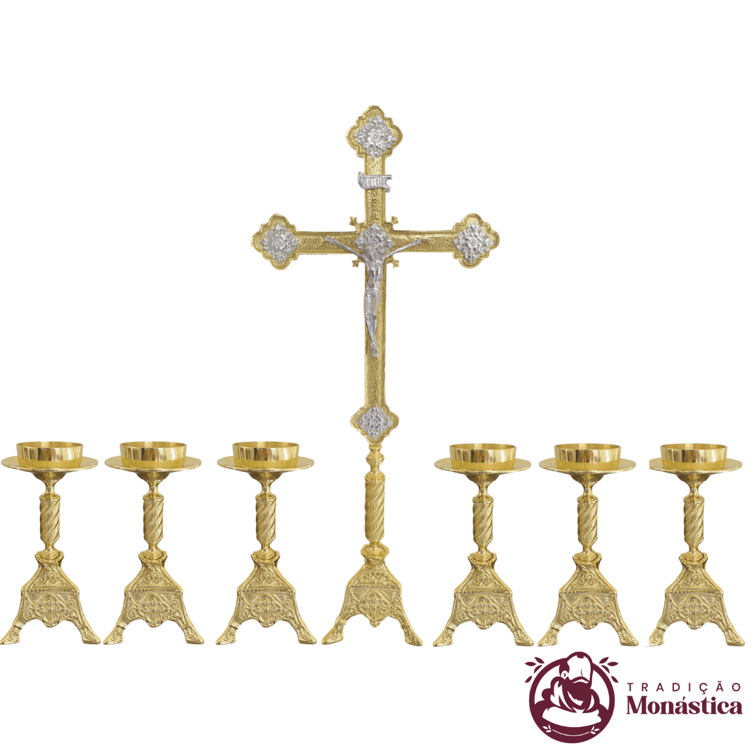 Conjunto de Castiçal de Vela e Cruz para Altar - Exclusivo - 7pçs Bronze  - 1