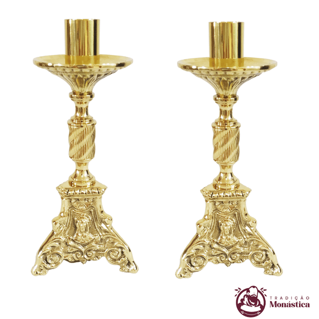Conjunto de Castiçais de Vela para Altar - Base JMJ Pequeno - 2pçs Bronze