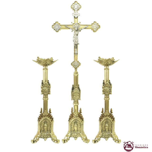Conjunto de Castiçal de Vela e Cruz para Altar - Gótico - 3pçs Bronze