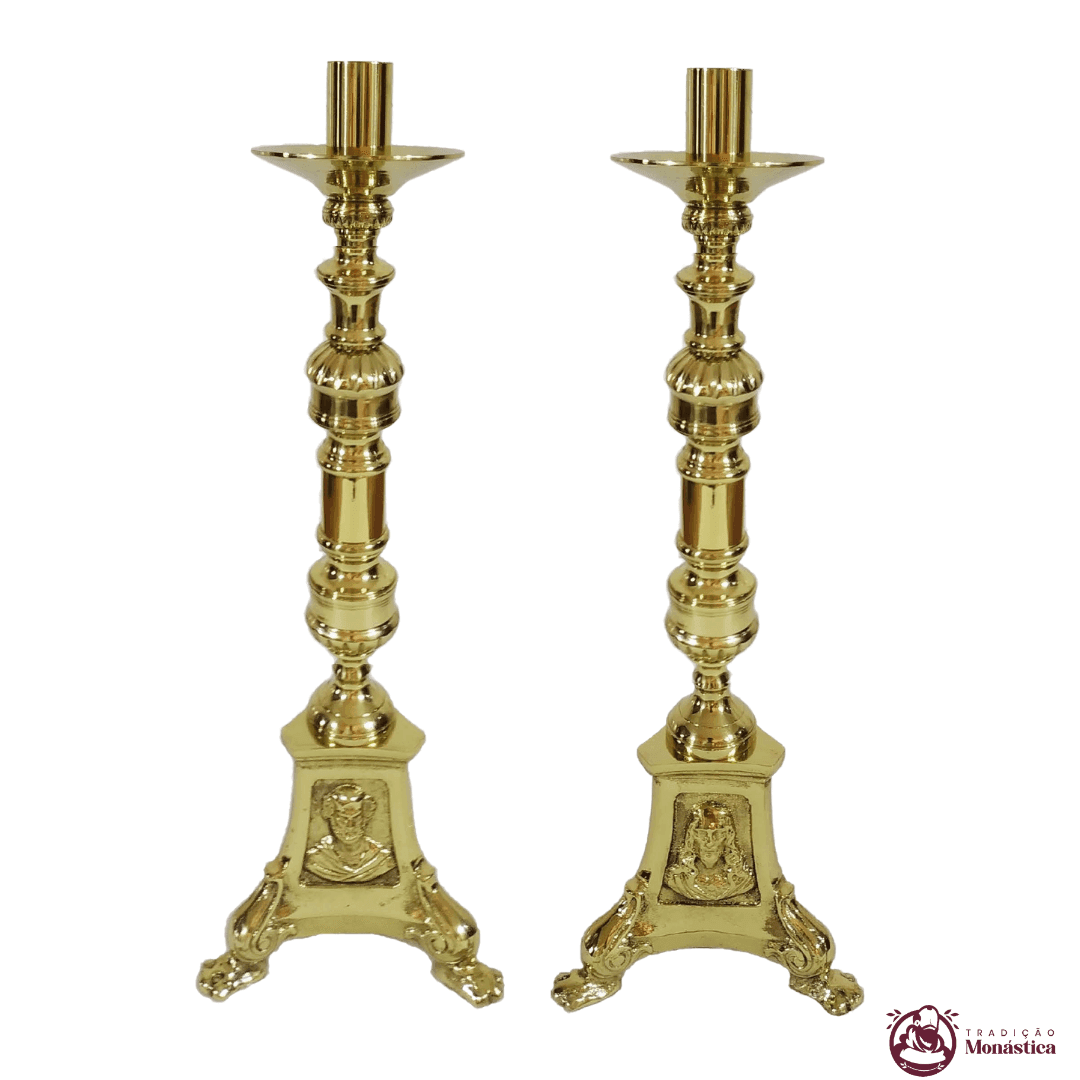 Conjunto de Castiçal de Vela e Cruz para Altar - Base JMJ Grande - 7pçs Bronze - 3