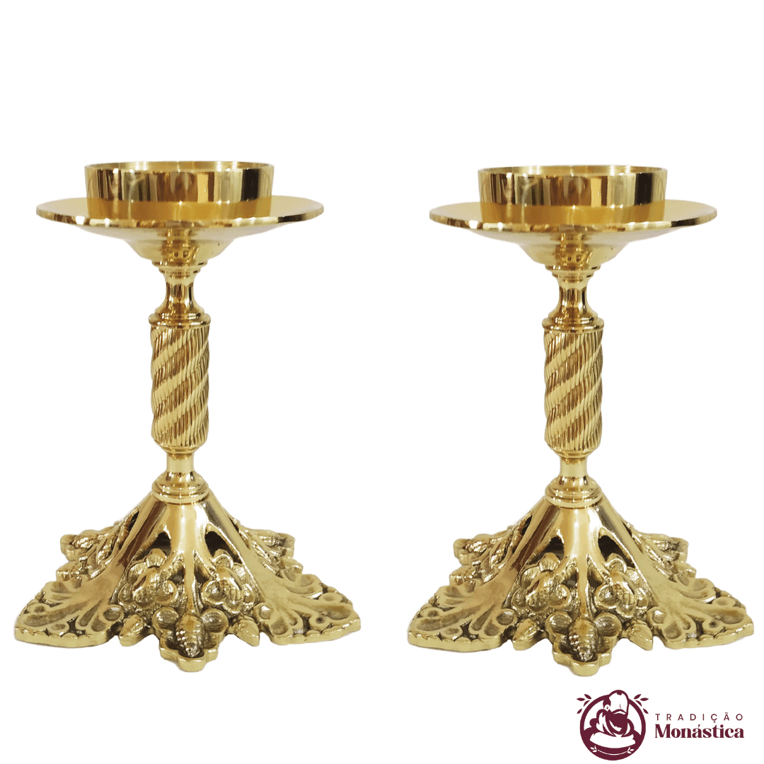 Conjunto de Castiçal de Vela e Cruz para Altar - 3pçs Bronze - 2