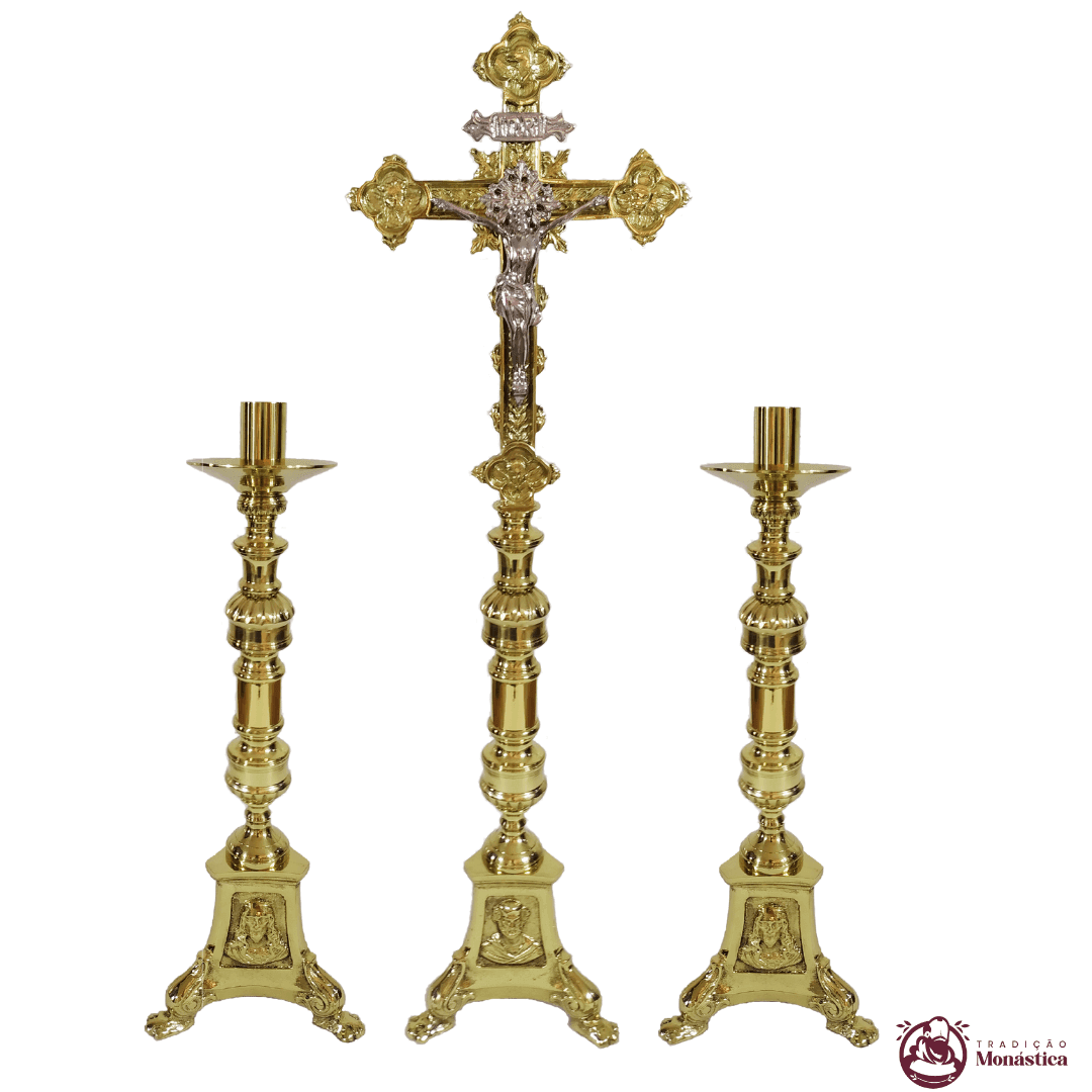 Conjunto de Castiçal de Vela e Cruz para Altar - Base JMJ Grande - 7pçs Bronze - 2