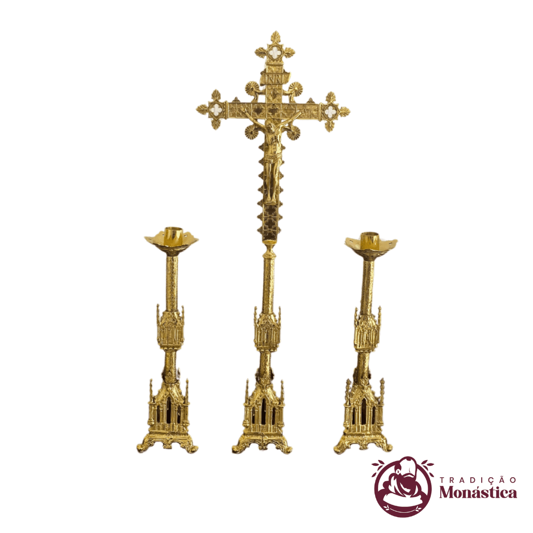 Conjunto de Castiçal de Vela e Cruz para Altar - Gótico Pequeno - 3 pçs Bronze - 1