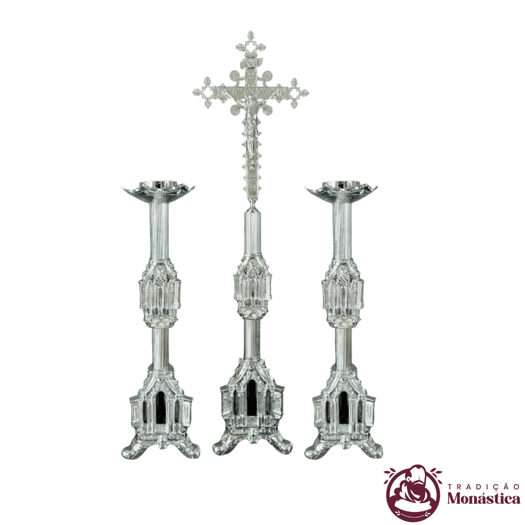 Conjunto de Castiçal de Vela e Cruz para Altar - Gótico - 3pçs Niquelado - 1