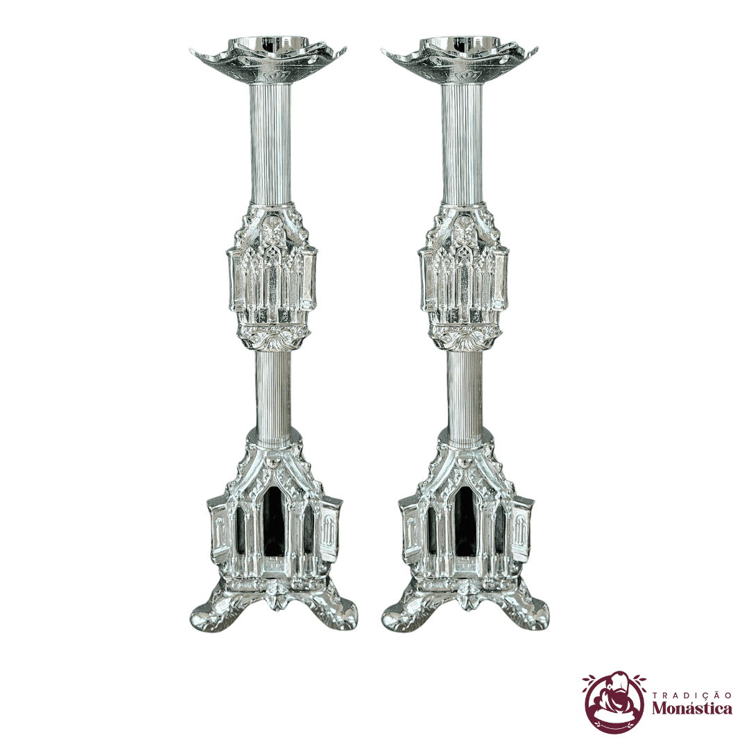 Conjunto de Castiçal de Vela e Cruz para Altar - Gótico - 7pçs Niquelado - 3