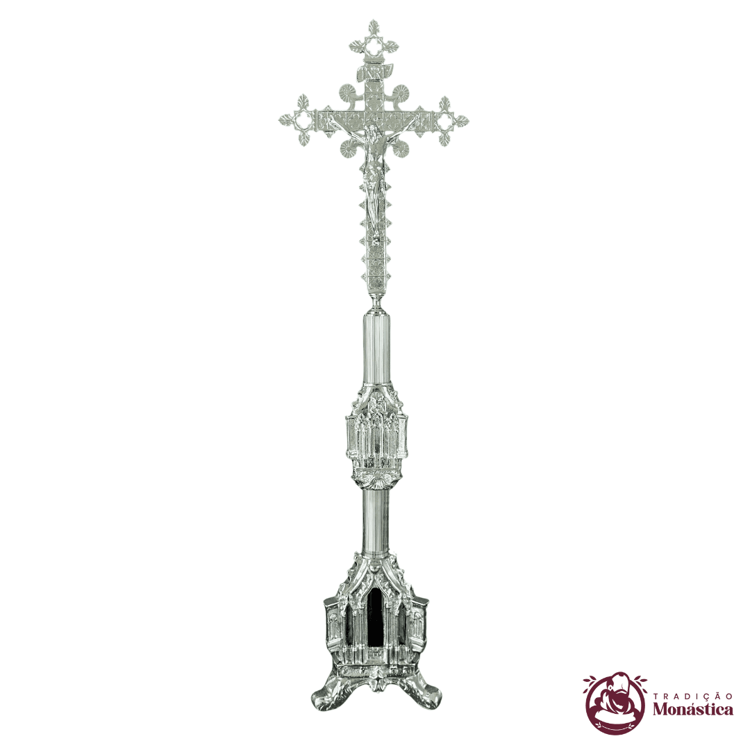 Conjunto de Castiçal de Vela e Cruz para Altar - Gótico - 3pçs Niquelado - 3