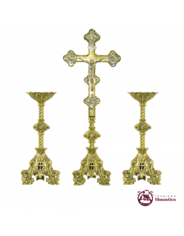 Conjunto de Castiçal de Vela Com Cruz Para Altar - Bronze - 3 Peças - Igreja
