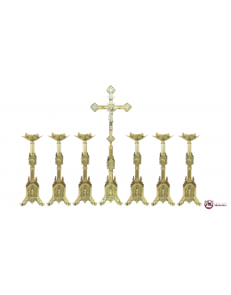 Conjunto de Castiçais Para Altar e Cruz - Gótico - Bronze 7 Peças - Igreja 