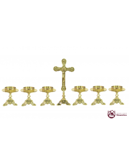 Conjunto Pequenos Castiçais de Vela E Cruz de Altar - Feito Em Bronze - Igreja