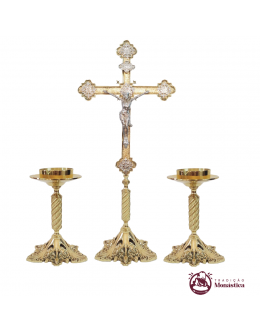 Conjunto De Castiçal de Vela E Cruz Para Altar - Vela de 7cm - Bronze 